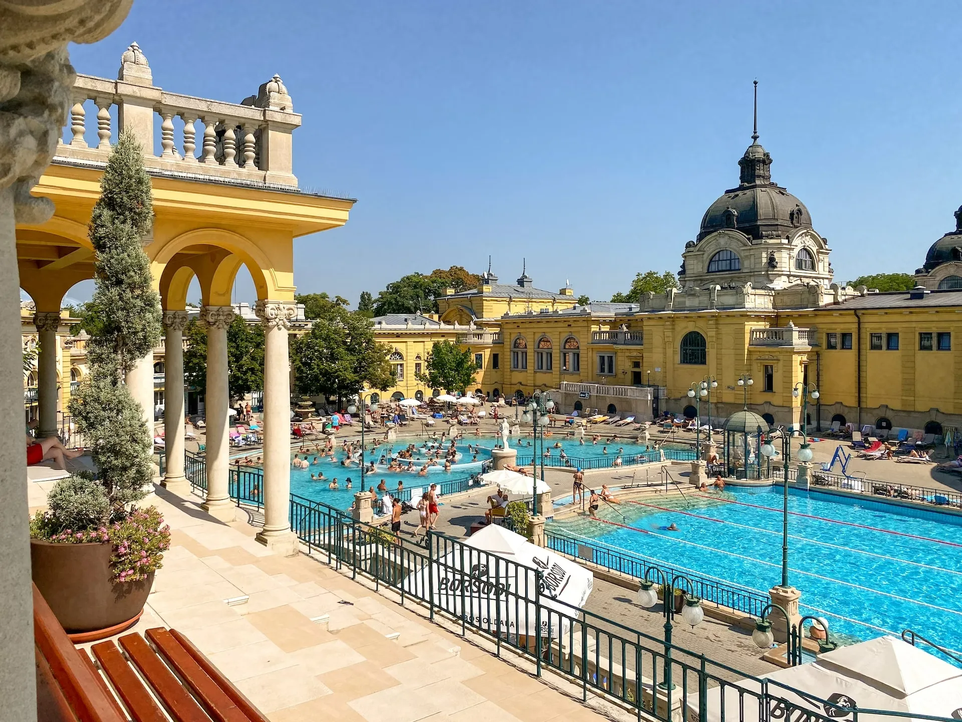 Terrace view overlooking Széchenyi thermal courtyard pools